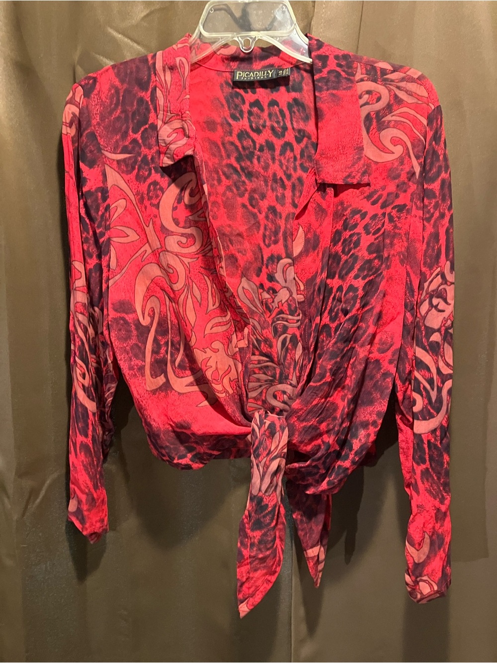 Red Printed Tie-Front Women's Top